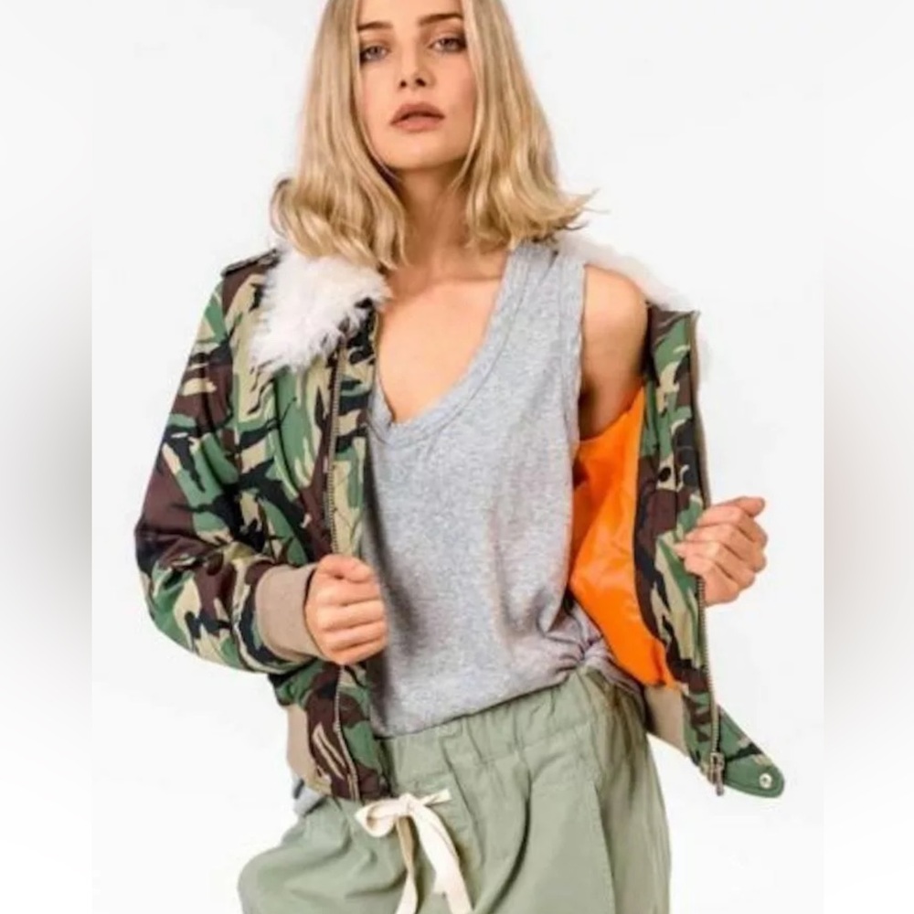 Size XXS - $795 RAG & BONE Bomber Flight Shearling Trimmed Collar Camo Jacket - Picture 4 of 9